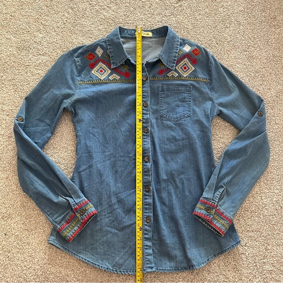 La Diosa Aztec Embroidered Denim Button-Up Long Sleeve Medium - Picture 9 of 11